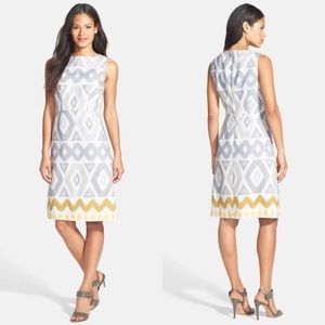 LAFAYETTE 148 100% Linen Gray Yellow Geo Print Sleeveless Sheath Dress 6 Elegant